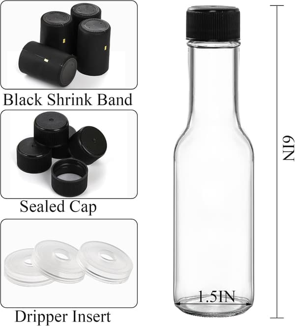 36-pack små glasflaskor, 3 oz Woozy tomma miniflaskor för stark sås, klara sprit- och vinflaskor med krymphätta, svarta skruvkorkar, droppinsats