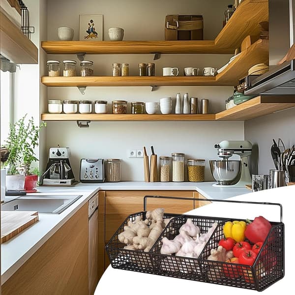 Vegetable Storage for Kitchen, 3-Compartment Potato Basket, Space-Saving Wall-Mounted Rack for Ginger, Garlic, and Onions in Pantry