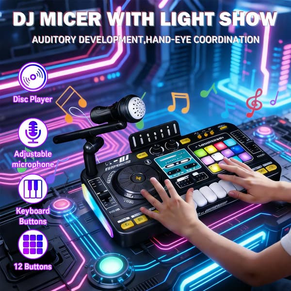 Multifunktionelt DJ-mixercontrollersæt til børn, med LED-lys, lydeffekter, en mikrofon og et DJ-keyboard i klaverstil; en