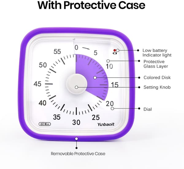 Upgraded Visual Timer with Protective Case, 60-Minute Silent Countdown Timer for Kids and Adults Clock Time Management Tool (Purple)