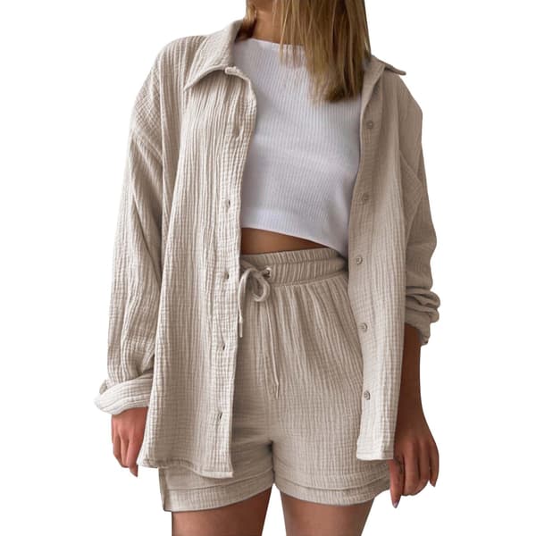 Damtröja och shortsset – Enfärgad långärmad vardagsoutfit*Khaki*S Khaki S Khaki S