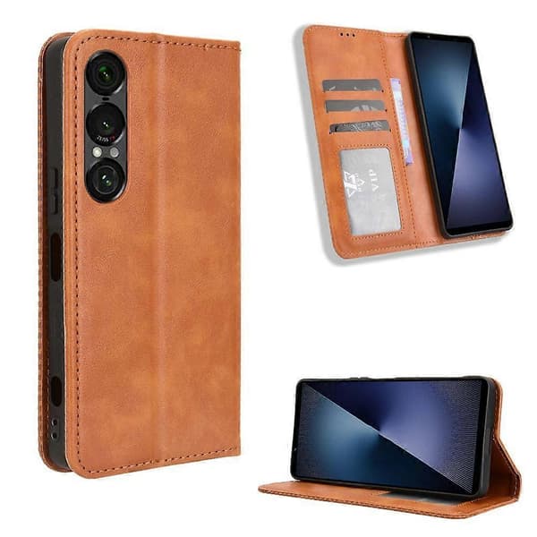 För Sony Xperia 1 VII Läderfodral Plånboksställ Retro Textur Telefonfodral (Brun)
