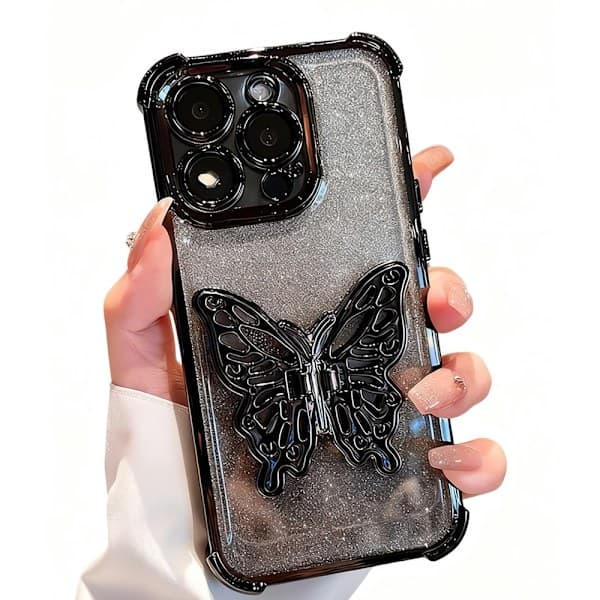 iPhone 16 Pro sommerfuglstativ mobildeksel, stativet kan åpnes.