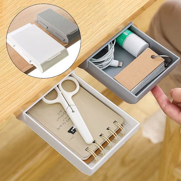 Under-table drawer, 4-pack self-adhesive organizing boxes with self-adhesive screws (2 sizes)