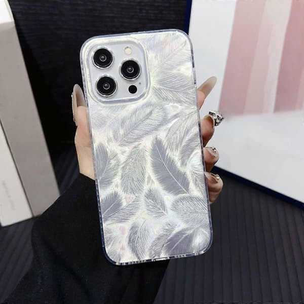 For iPhone 13 Pro Case Silver Feather Pattern Laser-Processed Shockproof PC Phone Case