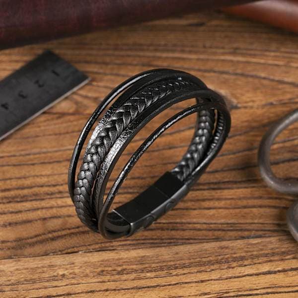Flettet læderarmbånd til mænd Sort