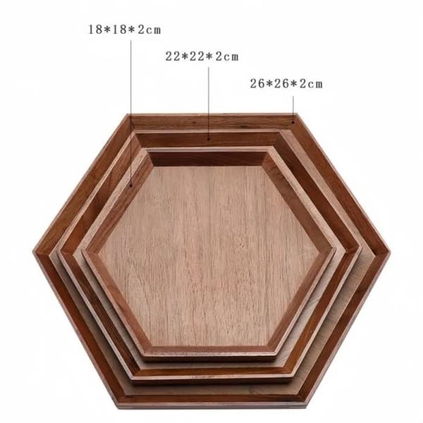 Hexagonal bricka i valnötsträ, 18x18x2 cm, för te, frukt, desserter, kaffe, hem eller restaurang