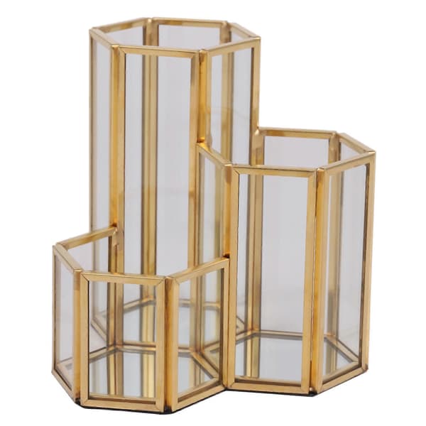 Glass Copper Hexagon Composite Pen Holder Makeup Brush Glass Box Multifunctional Desktop Organizer Off
