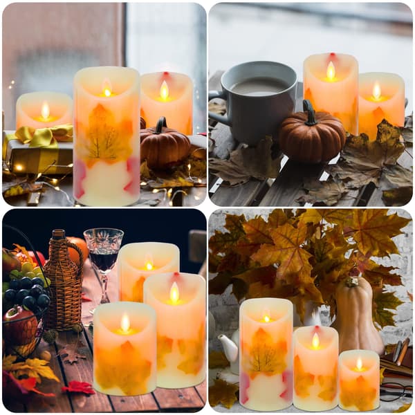 Maple Leaf Candle Lanterns, 3-pack, Warm White, Battery Operated, Electric LED Candles with Moving Wick and Flickering Flame (Maple Leaf)