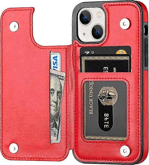 Designed for iPhone 13 Wallet Case, Soft PU Leather Card Holder with Stand Slim Flip Case for iPhone 13 6.1 Inch (Red)