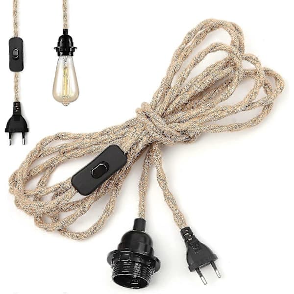 Hemp Rope Light Cable 4.5m, E27 Socket with Switch, for DIY Lamp, Pendant Lamp, Industrial Pendant Lamp, Bulb [GKS]
