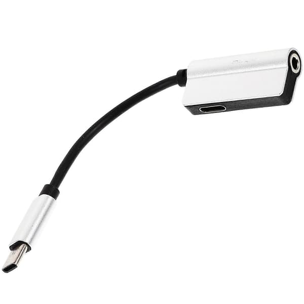 2-i-1 USB Type C til 3,5 mm hodetelefonadapter Lader USB-C lydkabel 3,5 Jack hodetelefonadapter for telefon sølv Silver