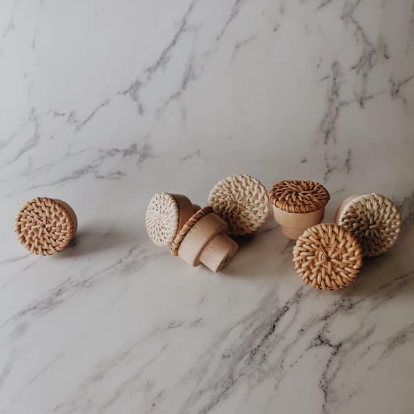 6 Boho Rattan Knapper til kommode, skuffer, skabe; håndlavede
