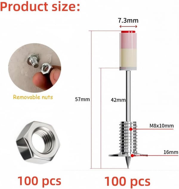 100 pcs Threaded Nails for Concrete Nail Gun - Complete Kit with M8 Nuts etc. for Wall Fixing and Repair
