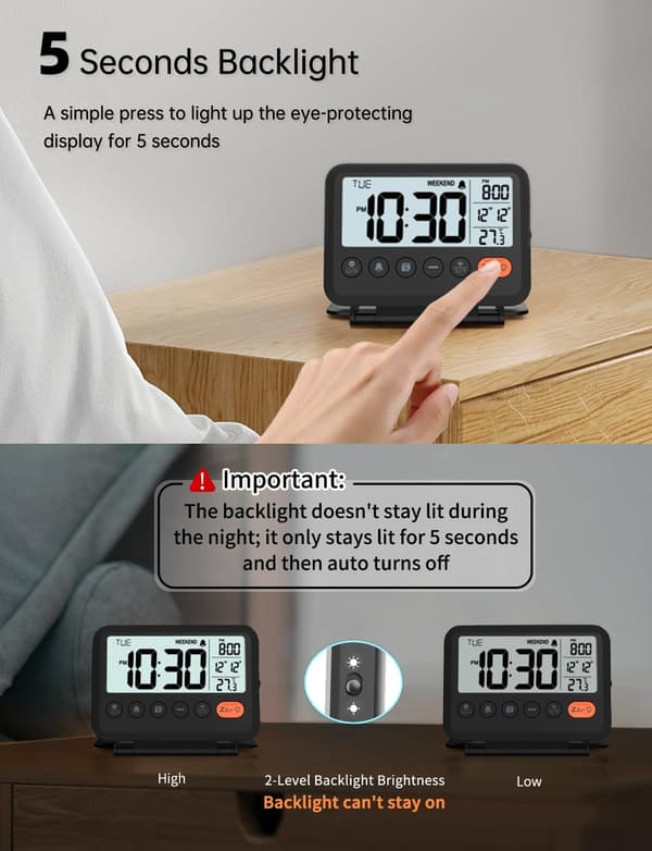 Travel Alarm Clock: 2-Level Backlight, 2 Volumes, 12/24 Hours, Calendar, Temperature, Weekend Mode, Snooze, Foldable Cover, Small Battery-Powered Di
