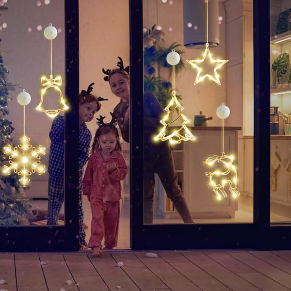 5-pack Christmas Tree Lights with Timer, Battery Operated Christmas Lights with Warm White Light, Snowflake, Tree, Star, Deer, Bells, LED