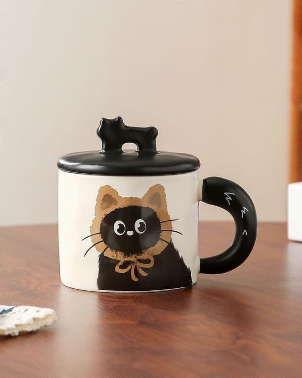 Söt kattkeramisk mugg med lock, resminne, examen, festpresent, affärspresent, par, kollega 360 ml