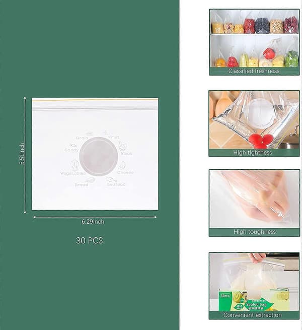 4-pack Refrigerator Drawers & 30 Pcs Sealable Bags, Extendable Refrigerator Storage Box for Refrigerator Shelf Under 0.5 Inch