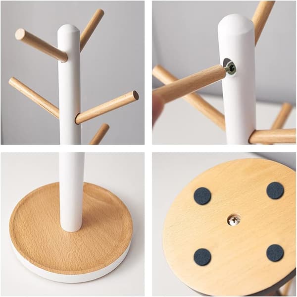 Koppholder i tre, avtakbart displaystativ for kaffe- og tekopper til benk, stativ med 6 kroker (hvit) hvit White