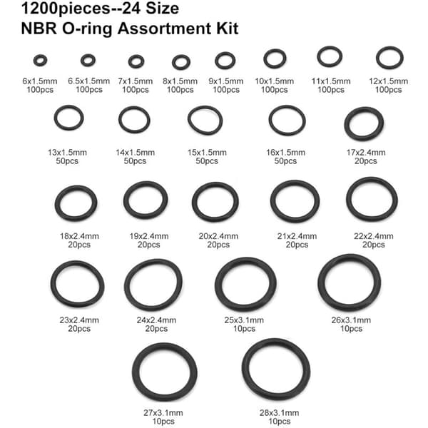 O-ring Kit, 1200 Pcs 24 Sizes Assorted Rubber O-ring Seals EO-ring Seal