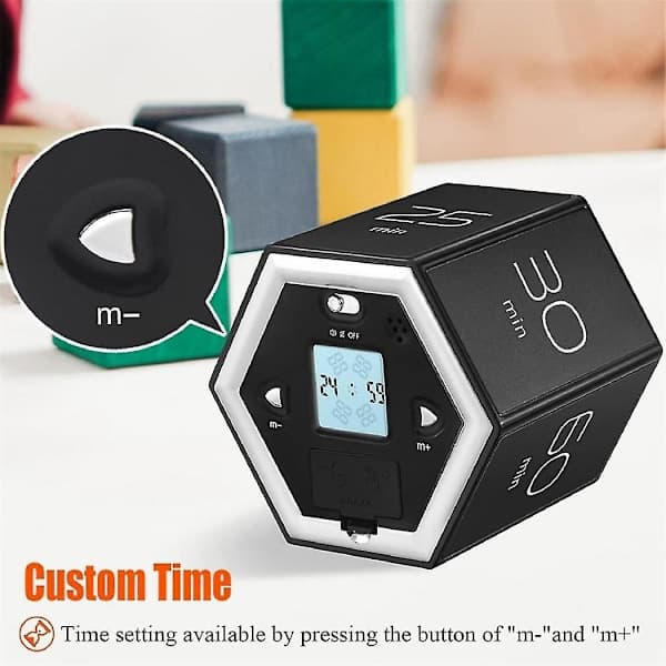 Hexagonal Flip Timer med Stille og Alarmfunktioner - Brugervenlig Køkkenur - Børns Tidsstyring Pomodoro Timer Sort