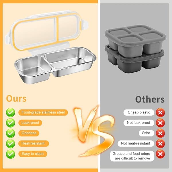 Snack Containers 2-Pack Leakproof Reusable Divided 2/3 Compartment Stainless Steel [Ho]