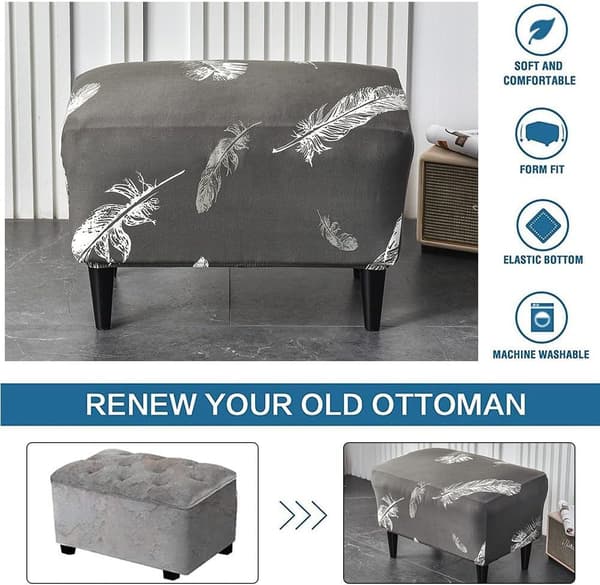 1PC (White Feather) Ottoman Cover Rectangular Stretch Ottoman Cover
