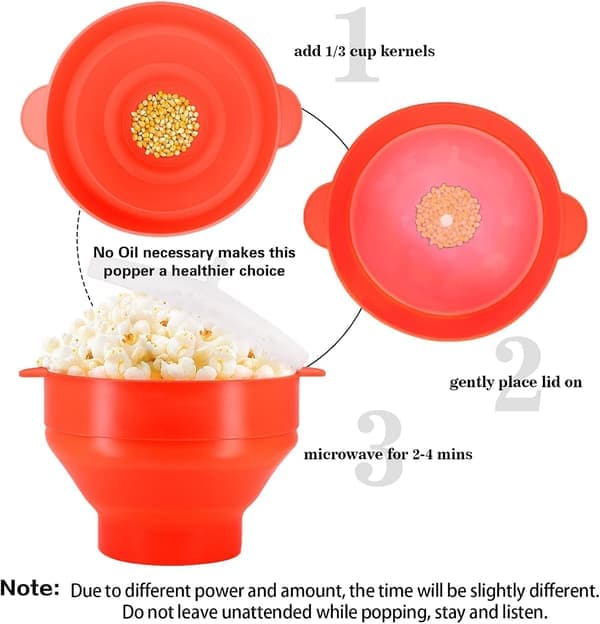 Microwave Popcorn Maker - BPA-Free Silicone, Foldable Microwave Safe Bowl, Dishwasher Safe - Red