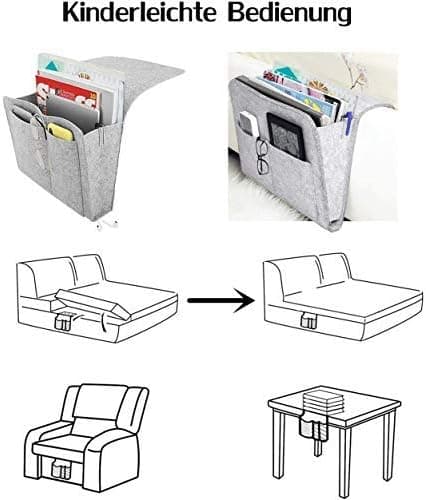 Grey Sofa Caddy - Non-Slip Felt Bedside Organizer Bag for Books, Magazines, iPad, Cell Phone, Remote Control Grey, Hanging Pocket Bed Storage