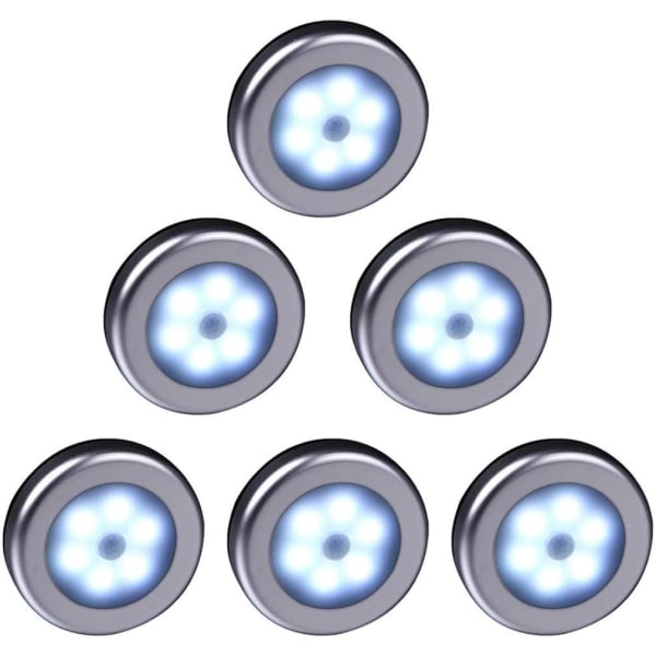 Langaton LED-liiketunnistinvalo vaatekaappiin, portaisiin, eteiseen, keittiöön, makuuhuoneeseen (6 kpl) (hopeakuori (valkoinen valo)