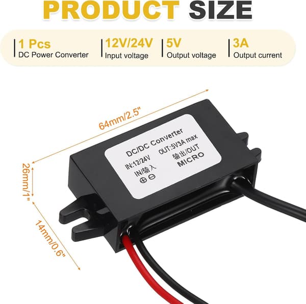 DC 12/24V til 5V strømomformer 3A 15W spenningsreduksjonstransformator for bil, lastebil, solsystem (Micro USB venstrevinklet)