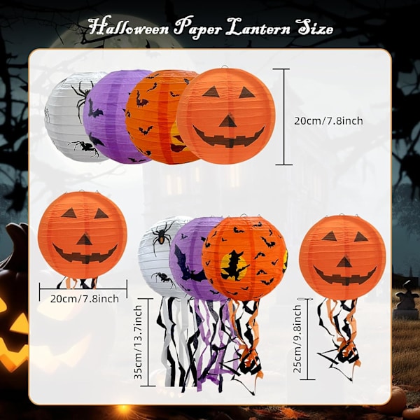 8 kpl Halloween-paperilyhtyjä riippuvina, kurpitsa, hämähäkki, lepakko, lyhty, koriste, kodin sisustus, pelottavat juhlatarvikkeet (Halloween)