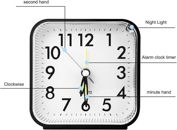 Silent Non-Ticking Alarm Clock with Light and Snooze Function and Top Button, AA Battery Operated (Batteries Not Included)