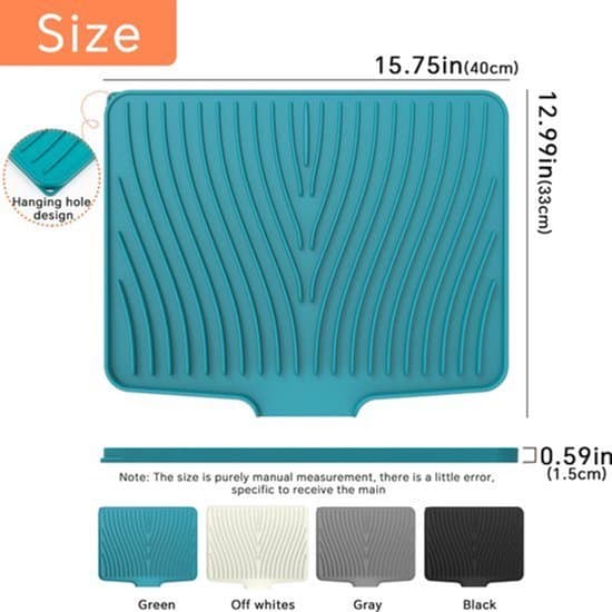 Silicone Dish Drying Mat, Heat Resistant Non-Slip Ribbed Drainer Pad for Kitchen Counter, 40 x 33 cm, Green