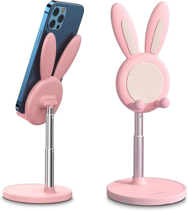 Cute Rabbit Phone Holder, Angle and Height Adjustable Cell Phone Stand for Desk, Compatible with Thick Cases