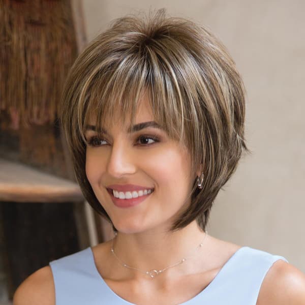 Short Golden Gradient Wig with Dark Brown Bangs Mixed with Blonde, Pixie Cut Synthetic Fiber Women's Wig