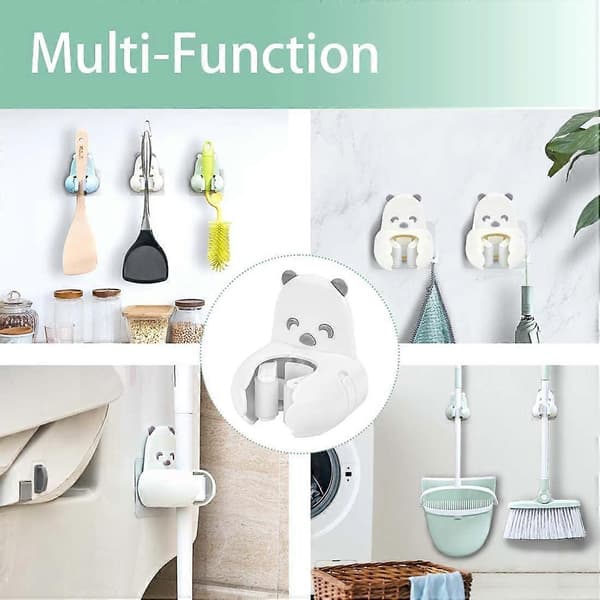 Mopping and Broom Holder, Self-Adhesive, No Drilling, Wall Mounted, Mini Bear Shape (White, 2)