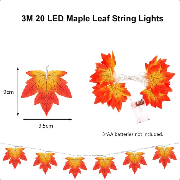 Maple Leaf String Lights, 3M 20 LED Maple Leaf Fairy Lights, Battery Operated IP65 Waterproof String Lights, for Thanksgiving Christmas, Warm White
