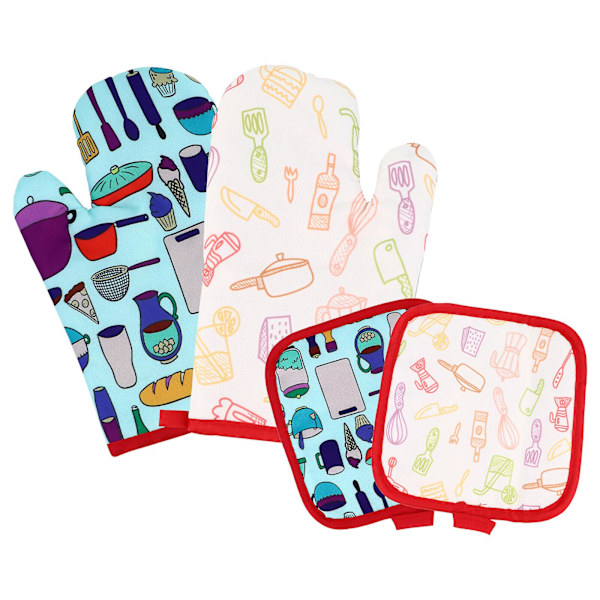4 kpl Piirretty Mikroaaltouunin Uunihansikas Mattosetti Leivonta Lämpösuojaavat Hansikkaat Leivontamatto Värikäs 26x15cm Colorful 26x15cm