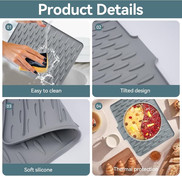 Silicone Sink Mat with Drain Pipe, 40x30cm Non-slip Dish Mat/Drip Mat, Heat-resistant Kitchen Countertop Protector.
