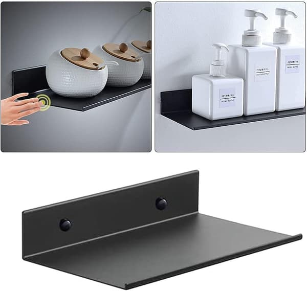 Floating Metal Wall Shelf, 2-pack 20cm Black with Mounting Details