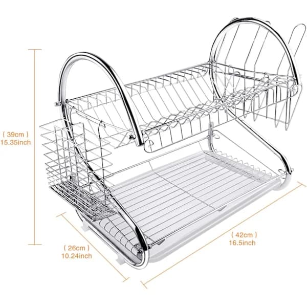 ARyee Two-Tier Dish Rack, Silver, Bowl Holder for Plates and Cups with Drip Tray