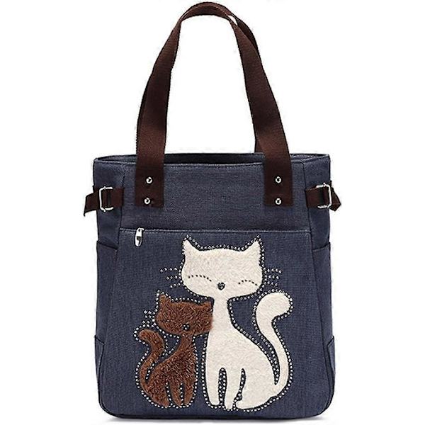 Canvasväskor för kvinnor, söt kattdesign, handväskor, axelväskor Mörkblå Dark Blue
