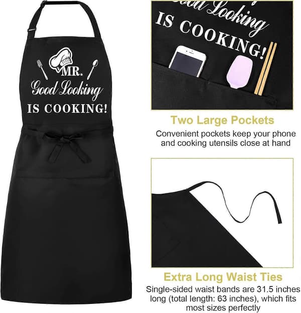 Funny Aprons for Men, MR Good Looking is Cooking, Professional Kitchen Apron Chef Bib Aprons with Double Pockets Adjustable