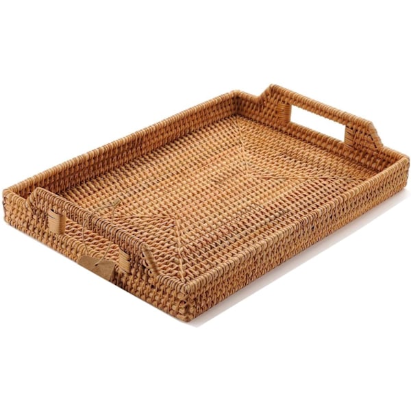 Håndvevd serveringsbrett i rotting med håndtak for frokost, drikke, snacks for spisebord/kaffebord (43 cm, rektangulær)