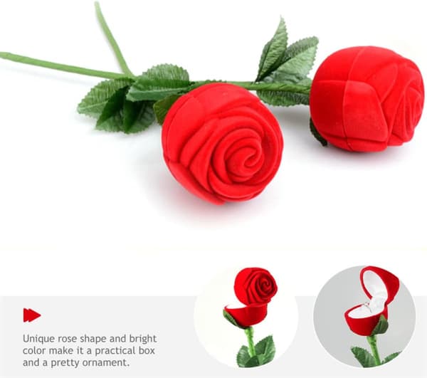 2 stk. romantisk rød roseformet ringboks med flanellmateriale og dekorativt ornament, designutstillingsbokser
