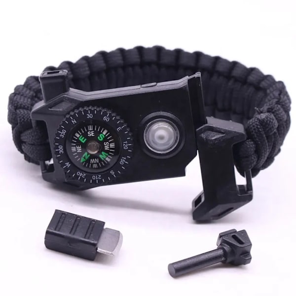 Overlevelses Paracord Armbånd - Taktisk Nød Gear Kit med SOS LED Lys, Justerbar, Multiværktøj, Ildsted, Kompas og Fløjte