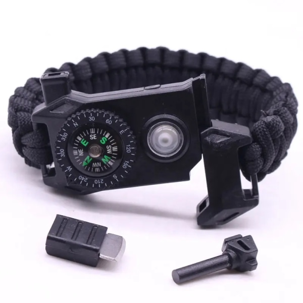 Survival Paracord Armbånd - Tactical Emergency Gear Kit med SOS LED-lys, justerbar, multiværktøj, brandstarter, kompas og W