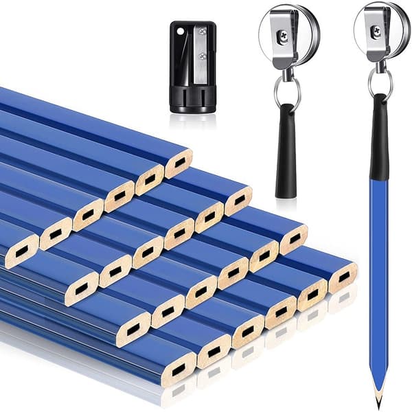 24-pack Carpenter Pencil, 18 cm Flat Octagonal Hard Black Pencils with Pencil Sharpener and Robust Retractable Silicone Pen Holder