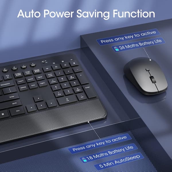 2.4 GHz Wireless Full-Size Ergonomic Keyboard with Phone Holder and 10 Independent Shortcuts, Silent Mouse with 4 DPI